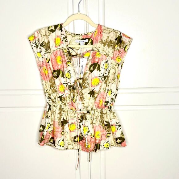NWT Derek Lam 10 Crosby Caroline Floral Double Tie Cotton Top In Safari multi. - Picture 5 of 12